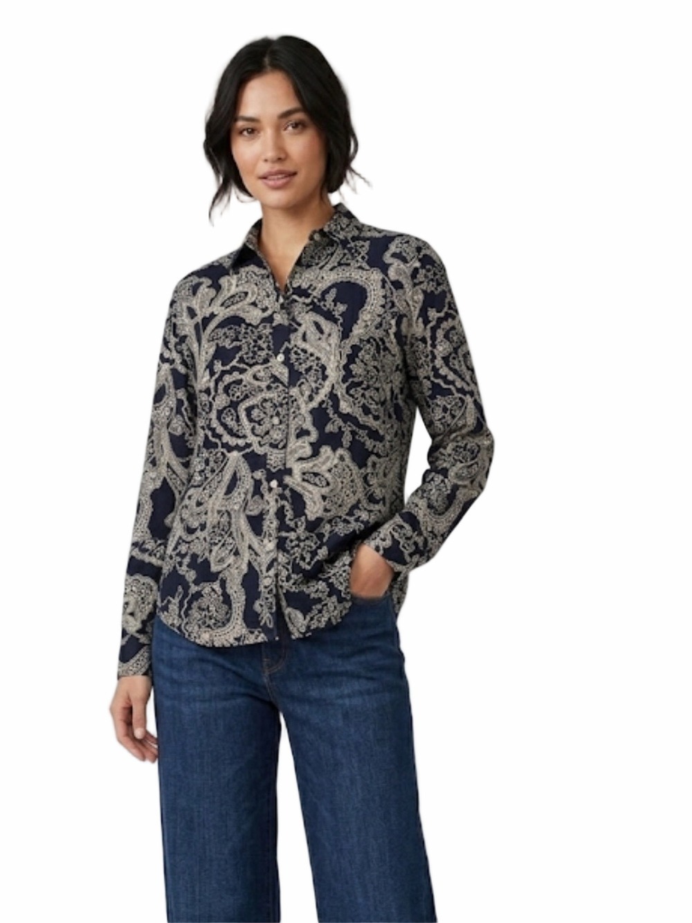 Lauren Ralph Lauren Navy and White Paisley Blouse Size Small